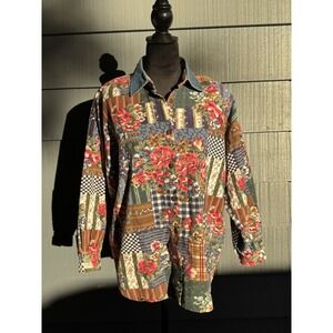 Capacity‎ Vintage Women's Large Denim Floral Button Up With Shoulder Padding!